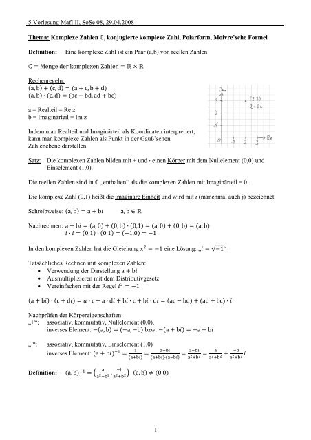 Komplexe Zahlen , konjugierte komplexe Zahl, Polarform, Moivre ...
