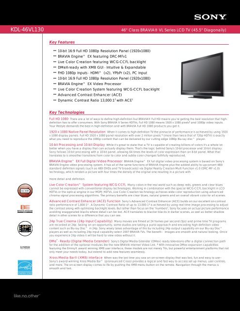 Kdl 46vl130 Manuals Specs Warranty Sony