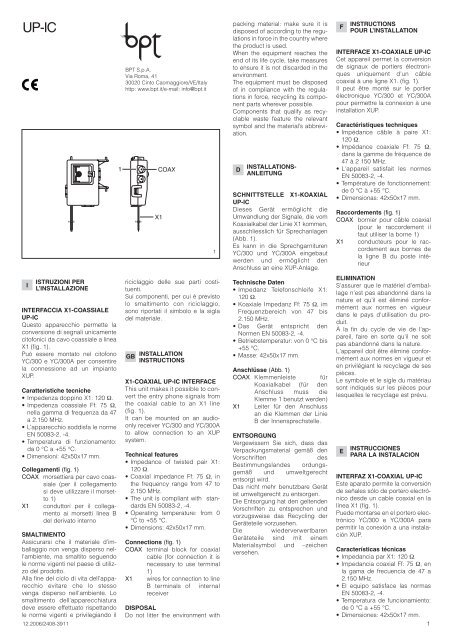 1 I ISTRUZIONI PER L'INSTALLAZIONE INTERFACCIA X1 ... - Bpt