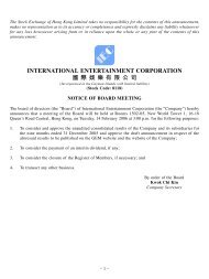Notice of Board Meeting - International Entertainment Corporation