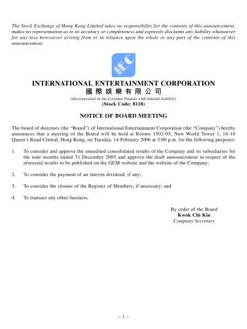 Notice of Board Meeting - International Entertainment Corporation