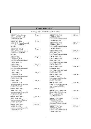 KUNDENPREISLISTE Warengruppe: Zweite Wahl Bikes 2011