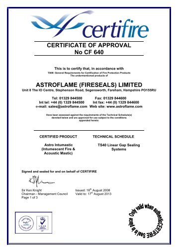 CERTIFICATE OF APPROVAL No CF 640 ASTROFLAME ...