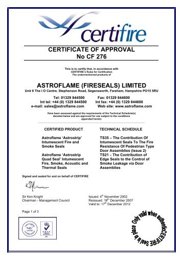 CERTIFICATE OF APPROVAL No CF 276 ASTROFLAME ...