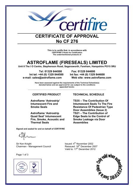 CERTIFICATE OF APPROVAL No CF 276 ASTROFLAME ...