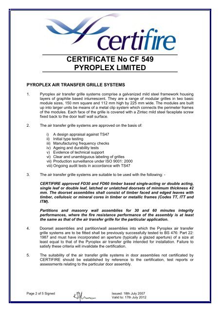 CERTIFICATE OF APPROVAL No CF 549 PYROPLEX ... - Safelincs