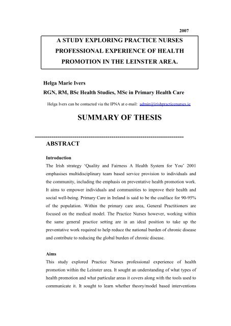 SUMMARY OF THESIS - Irish Practice Nurses Association