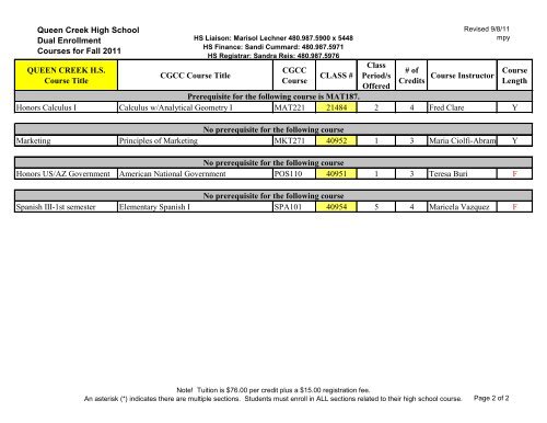 Queen Creek High School Dual Enrollment Courses for Fall 2011 ...