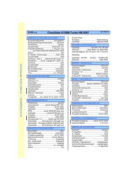 Checkliste G109BT - Schlepppiloten