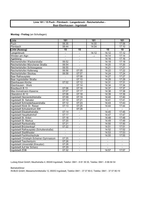 Fahrplan Linie 15 - 181