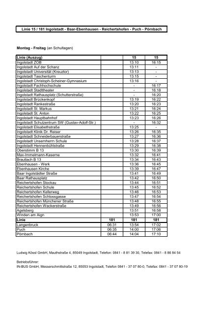 Fahrplan Linie 15 - 181