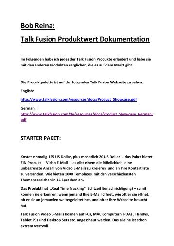 Bob Reina: Talk Fusion Produktwert Dokumentation