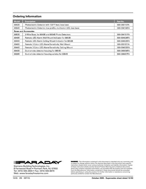 8843 and 8854 Photoelectric Smoke Detectors - Siemens Building ...