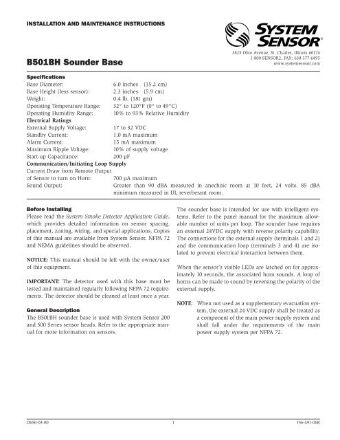B501BH Sounder Base - System Sensor Canada