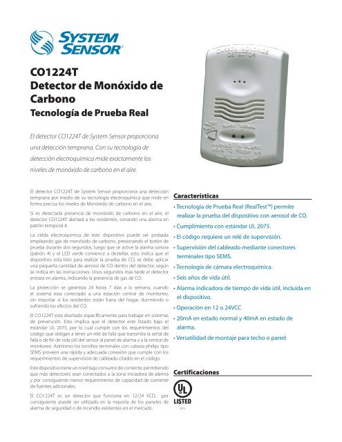 DETECTOR DE MONOXIDO DE CARBONO SYSTEM SENSOR, CO1224TR