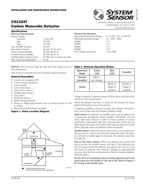 System Sensor CO1224T Carbon Monoxide Detector