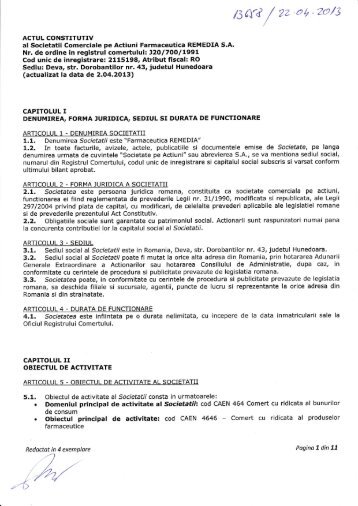 Descarca ACT CONSTITUTIV - Farmaceutica REMEDIA S.A.