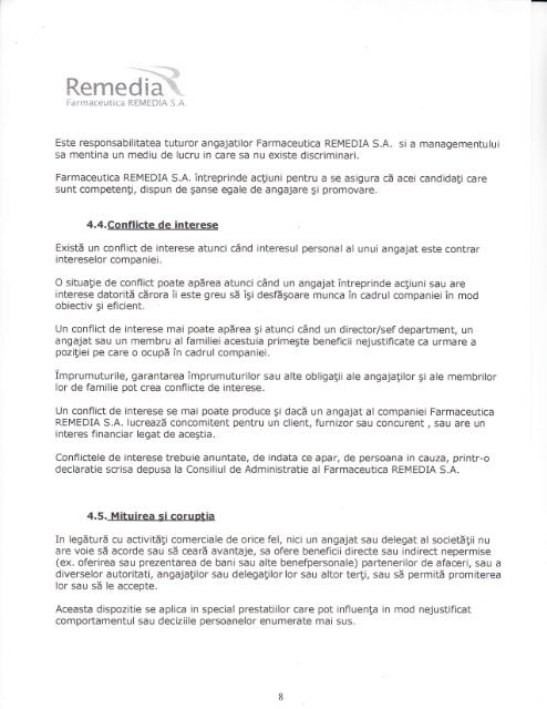 Codul de conduita si etica in afaceri - Farmaceutica REMEDIA S.A.