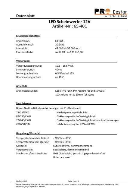 Datenblatt LED Scheinwerfer 12V - PRO Design &amp; Technik GmbH