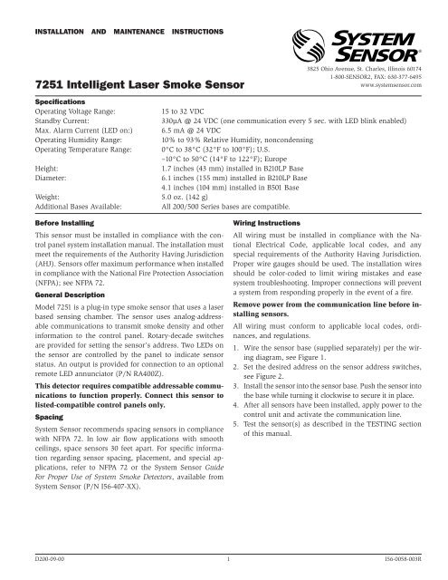 7251 Intelligent Laser Smoke Sensor - System Sensor Canada