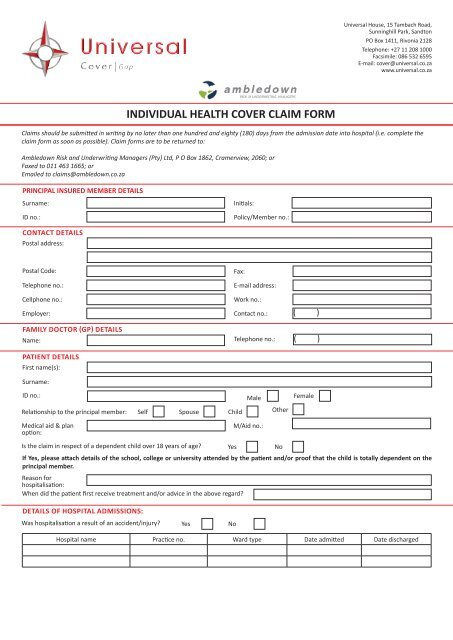 INDIVIDUAL HEALTH COVER CLAIM FORM