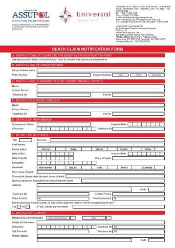 Universal Funeral Cover Death Claim Notification Form