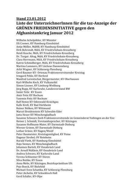 Stand 23.01.2012 Liste der UnterzeichnerInnen für die taz-Anzeige ...