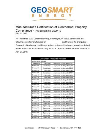 Manufacturer's Certification of Geothermal ... - GeoSmart Energy