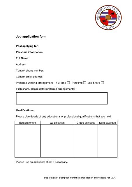 Job application form - Reading FC