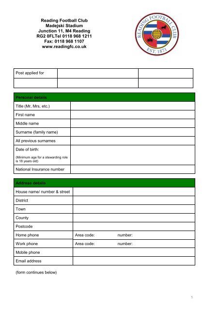 application form - Reading FC