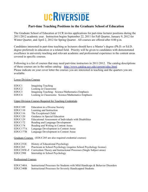 Part Time Teaching Positions In The Graduate School Of Education