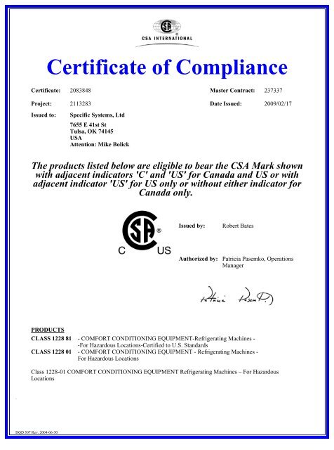 CSA Certificate of Compliance, Hazardous - Specific Systems