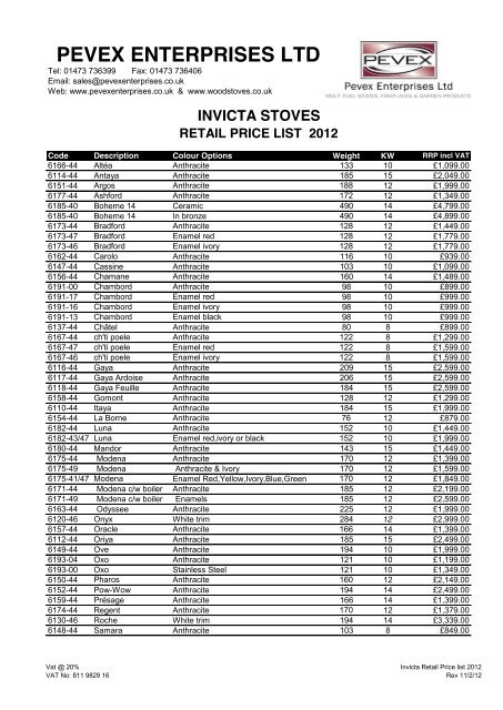 Invicta Stove Retail price list 2012 - Cambridge Stoves