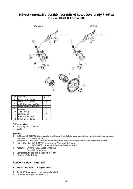 Na Vod K Monta A I A A Dra Bas Hydraulicka Brzdy Promax