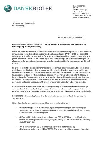 Brev til Skatteudvalget vedrÃ¸rende skattekreditter - Dansk Biotek