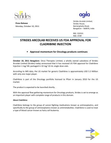 strides arcolab receives us fda approval for cladribine injection