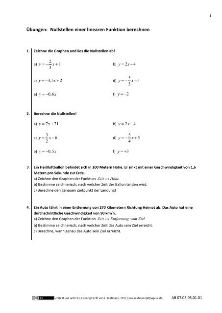 Ãbungen: Nullstellen einer linearen Funktion berechnen - dianoia