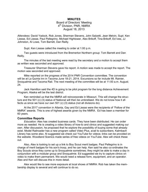 Board of Directors meeting minutes - the 4th Division â¢ PNR â¢ NMRA