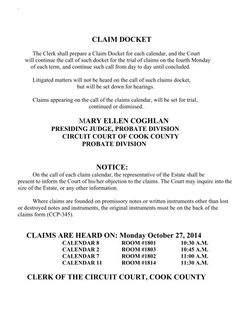 CLAIM DOCKET MARY ELLEN COGHLAN NOTICE: CLAIMS ARE ...