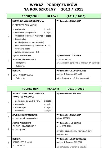 WYKAZ PODRÄCZNIKÃW NA ROK SZKOLNY 2012 / 2013