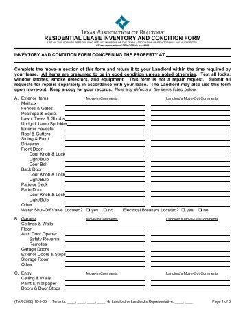 RESIDENTIAL LEASE INVENTORY AND CONDITION FORM