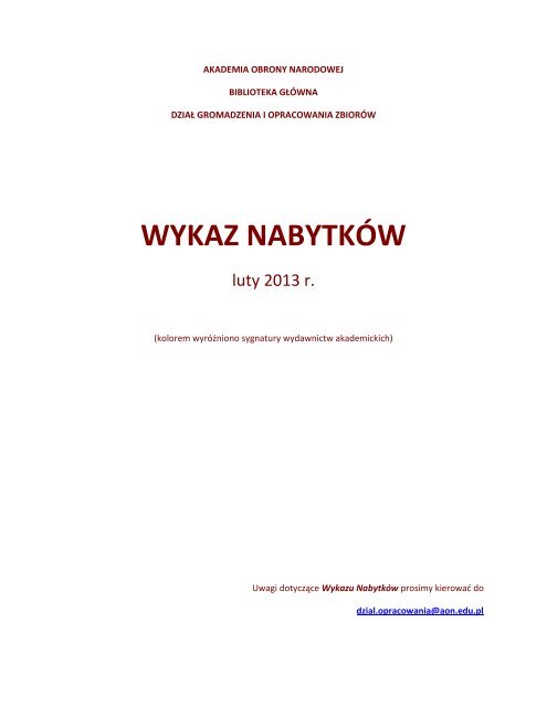 Nabytki 2013 02.pdf - Biblioteka GÅÃ³wna Akademii Obrony Narodowej