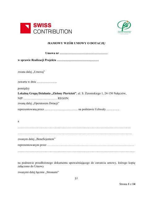 Ramowy wzÃ³r umowy o dotacjÄ (pdf) - LGD Zielony PierÅcieÅ