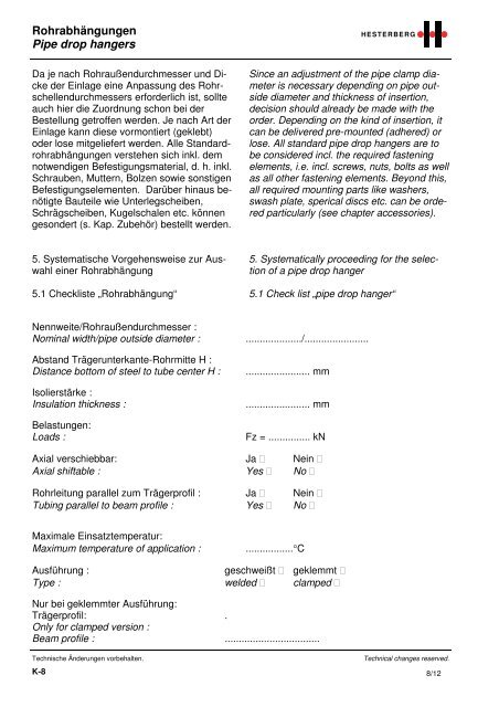 Hesterberg GmbH - Chapter pipe drop hangers