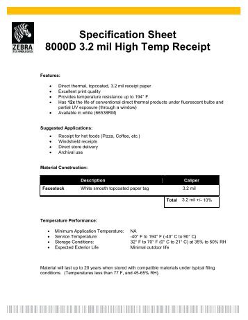 Specification Sheet 8000D 3.2 mil High Temp Receipt - Mobile ID ...