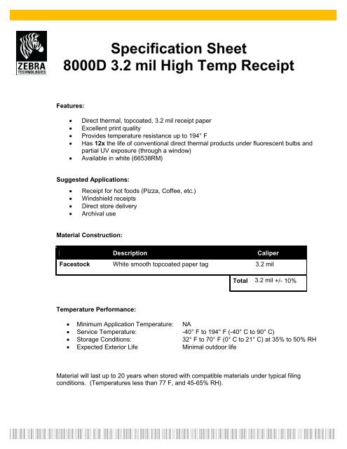 Specification Sheet 8000D 3.2 mil High Temp Receipt - Mobile ID ...