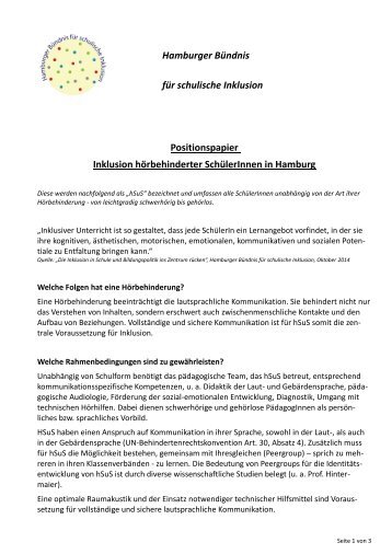 Positionspapier - Inklusion hörbehinderter SchülerInnen in Hamburg