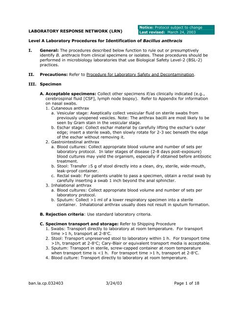 Anthrax Lab Protocol - Office of Public Health Practice