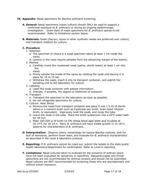 Anthrax Lab Protocol - Office of Public Health Practice