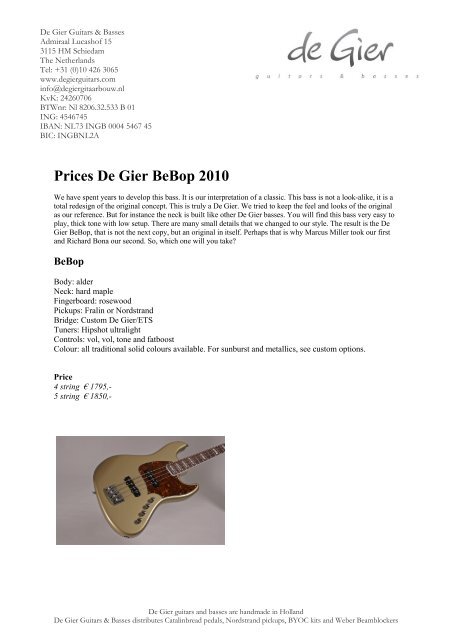 Prices De Gier BeBop 2010 - De Gier Guitars & Basses
